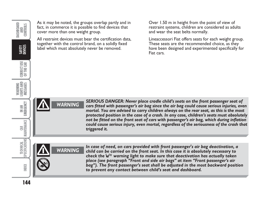 Warning | FIAT Punto Classic User Manual | Page 145 / 298