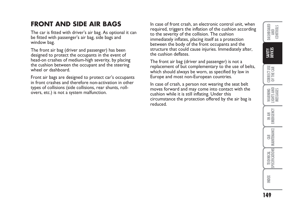 Front and side air bags | FIAT Punto Classic User Manual | Page 150 / 298