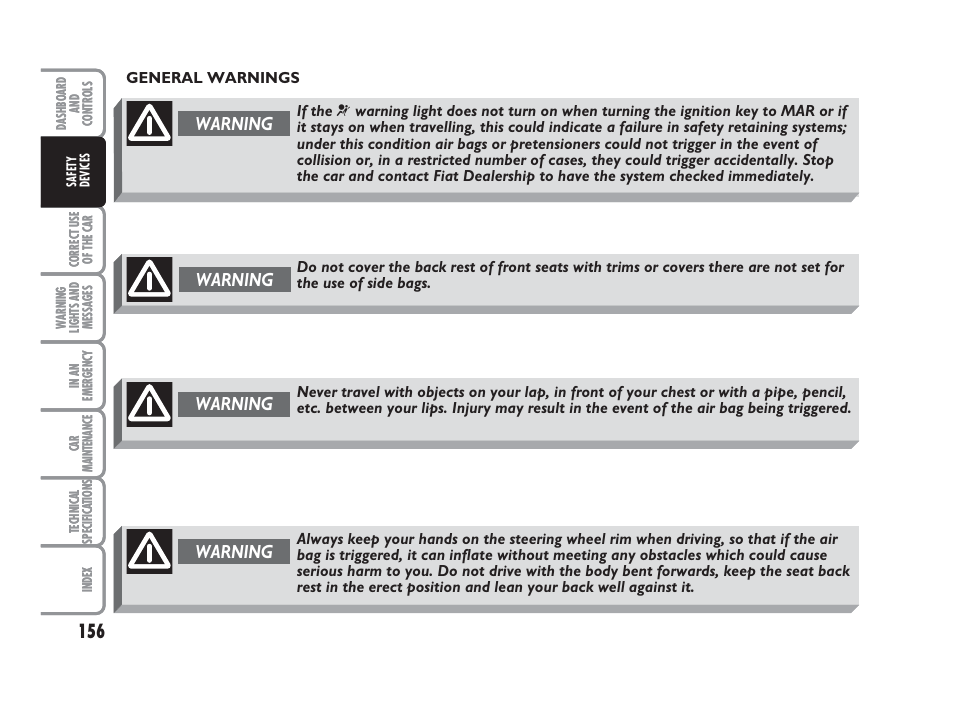 Warning | FIAT Punto Classic User Manual | Page 157 / 298