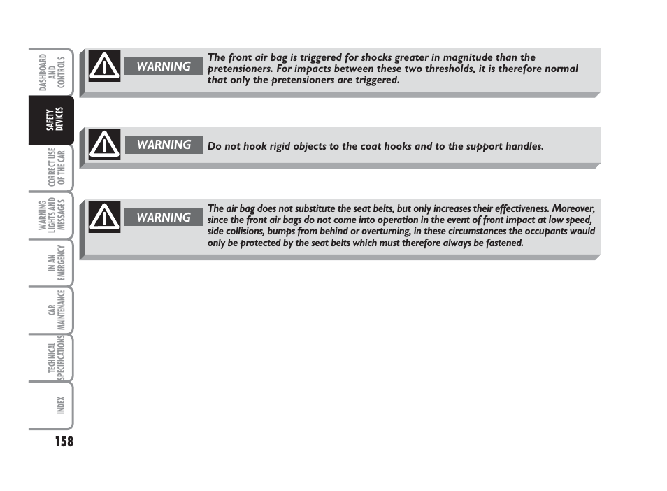 Warning | FIAT Punto Classic User Manual | Page 159 / 298