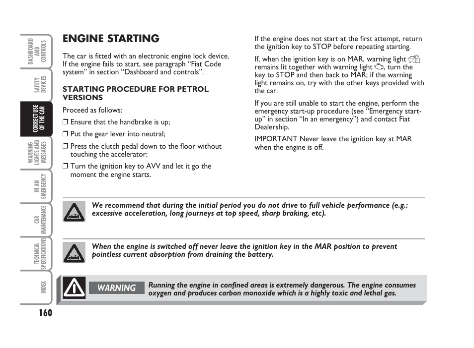 Engine starting, Warning | FIAT Punto Classic User Manual | Page 161 / 298