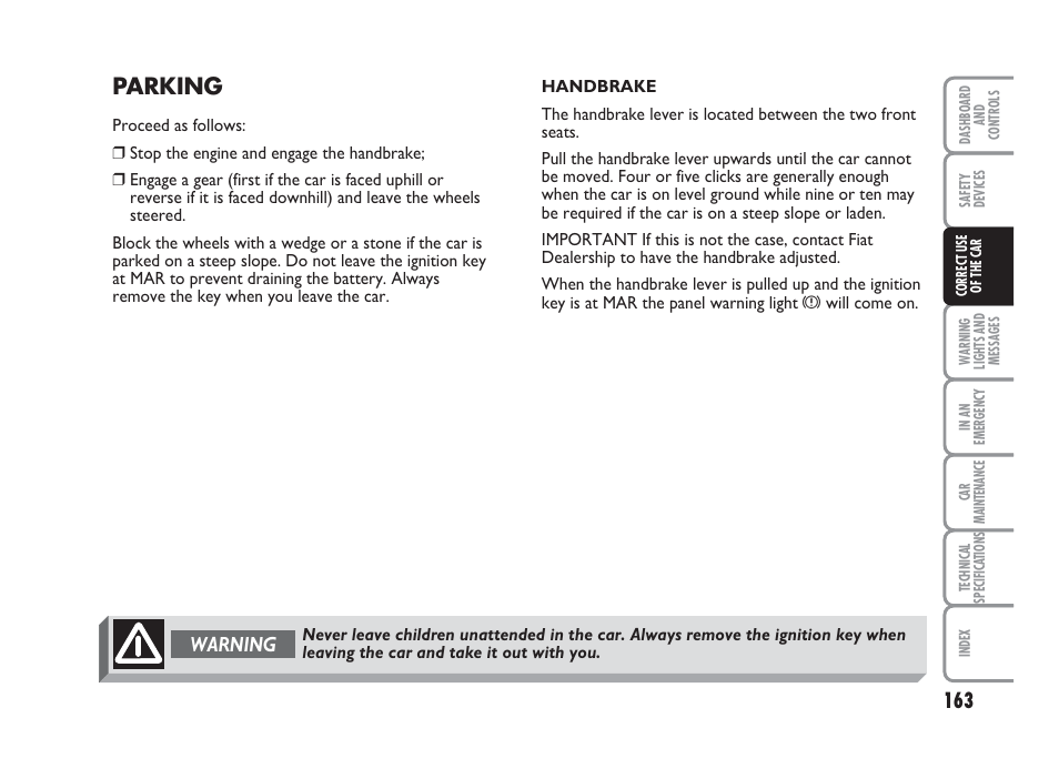 Parking, Warning | FIAT Punto Classic User Manual | Page 164 / 298