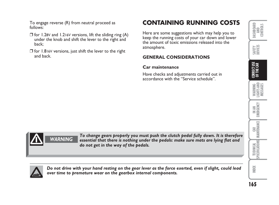 Containing running costs, Warning | FIAT Punto Classic User Manual | Page 166 / 298