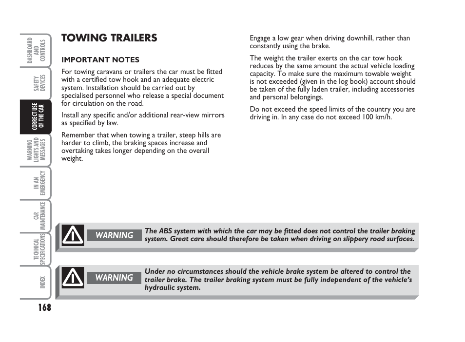 Towing trailers, Warning | FIAT Punto Classic User Manual | Page 169 / 298