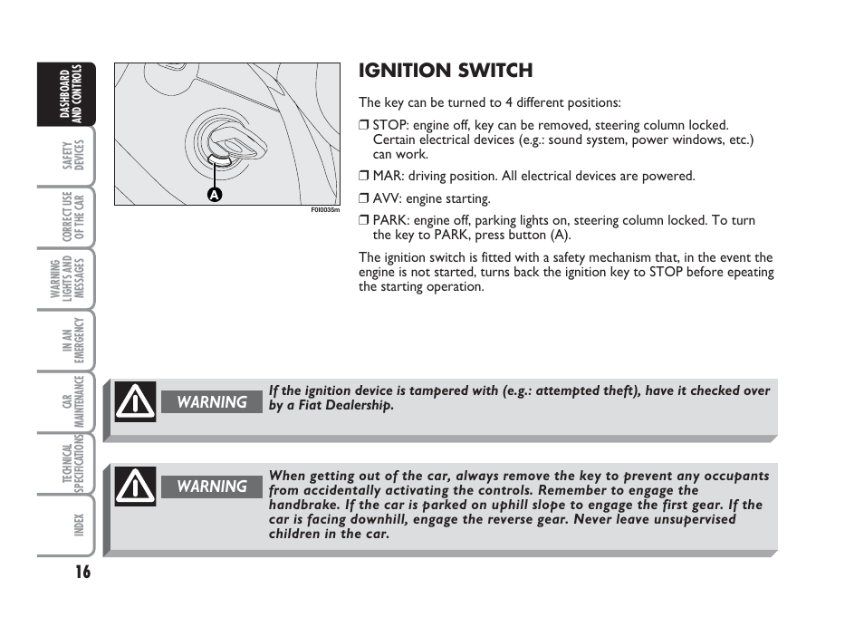 Ignition switch, Warning | FIAT Punto Classic User Manual | Page 17 / 298