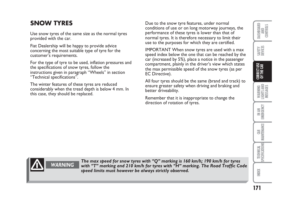 Snow tyres, Warning | FIAT Punto Classic User Manual | Page 172 / 298