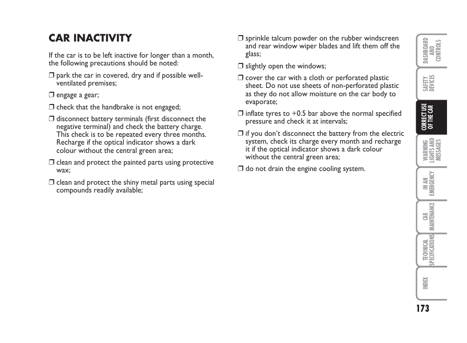 Car inactivity | FIAT Punto Classic User Manual | Page 174 / 298