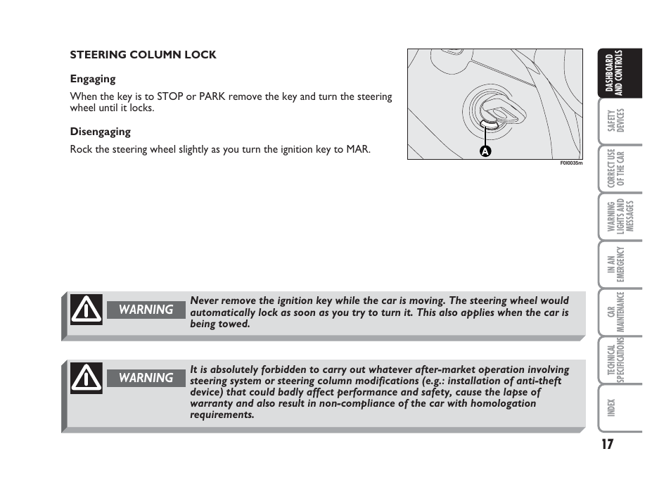 Warning | FIAT Punto Classic User Manual | Page 18 / 298