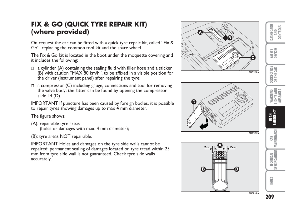 Fix & go (quick tyre repair kit) (where provided) | FIAT Punto Classic User Manual | Page 210 / 298