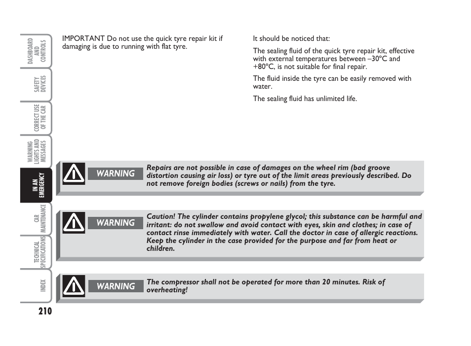 Warning | FIAT Punto Classic User Manual | Page 211 / 298