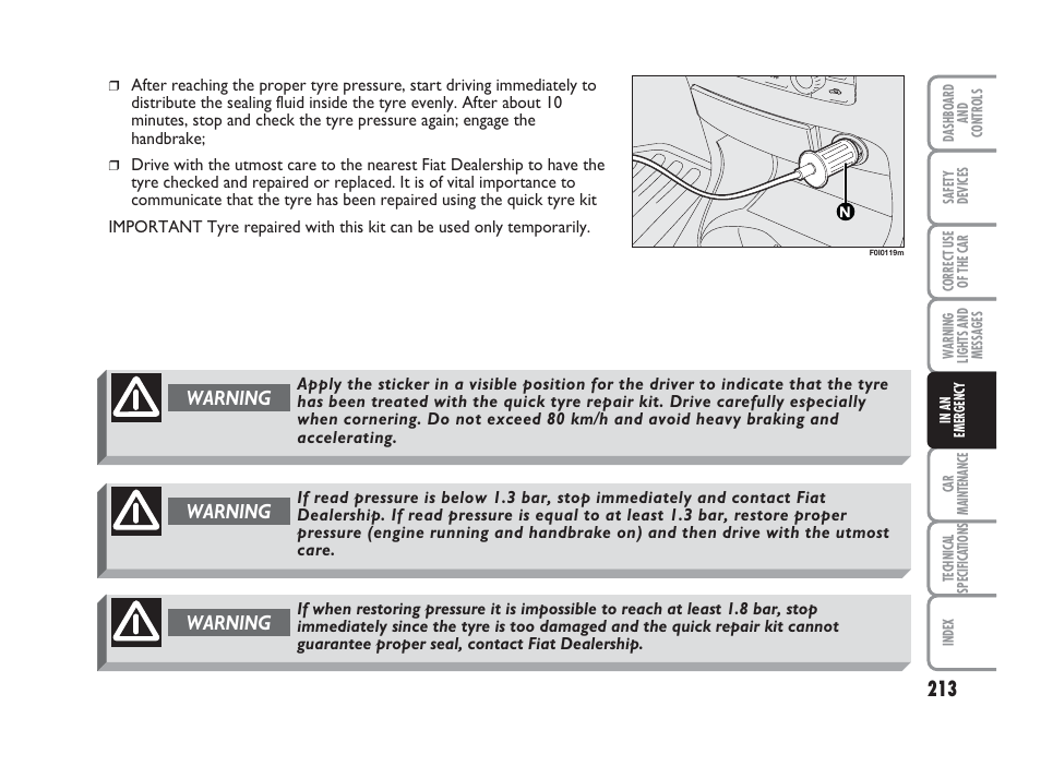 Warning | FIAT Punto Classic User Manual | Page 214 / 298