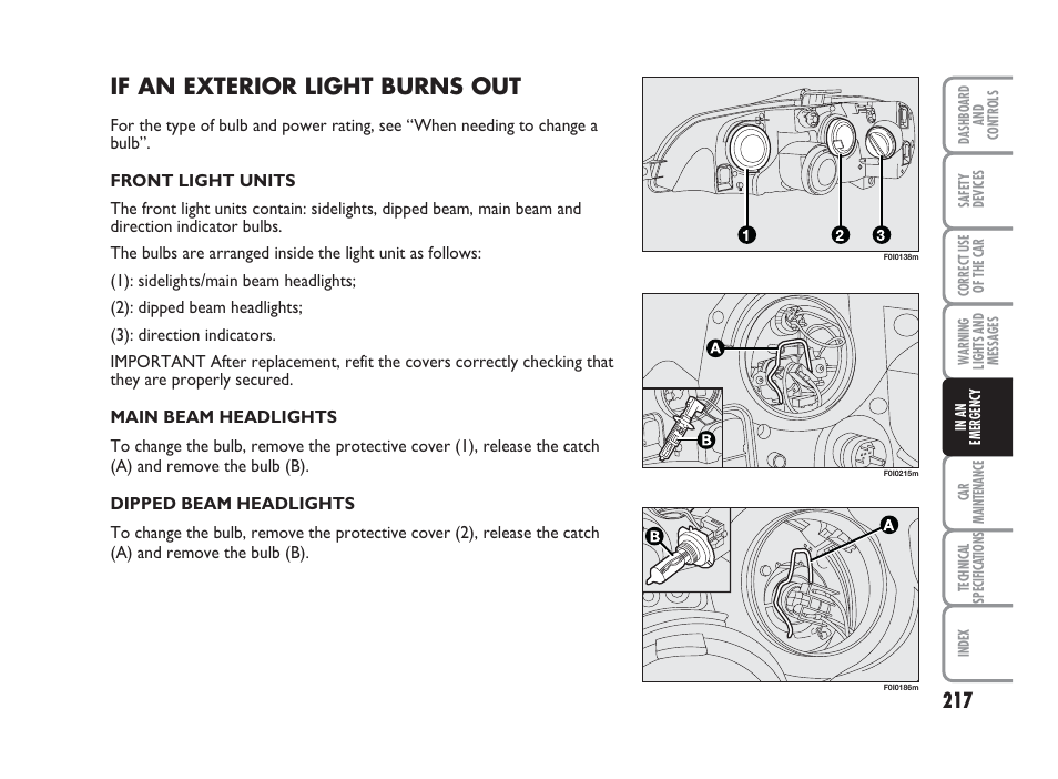 If an exterior light burns out | FIAT Punto Classic User Manual | Page 218 / 298