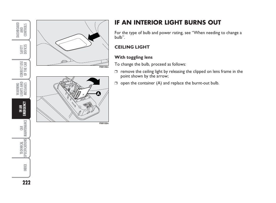 If an interior light burns out | FIAT Punto Classic User Manual | Page 223 / 298