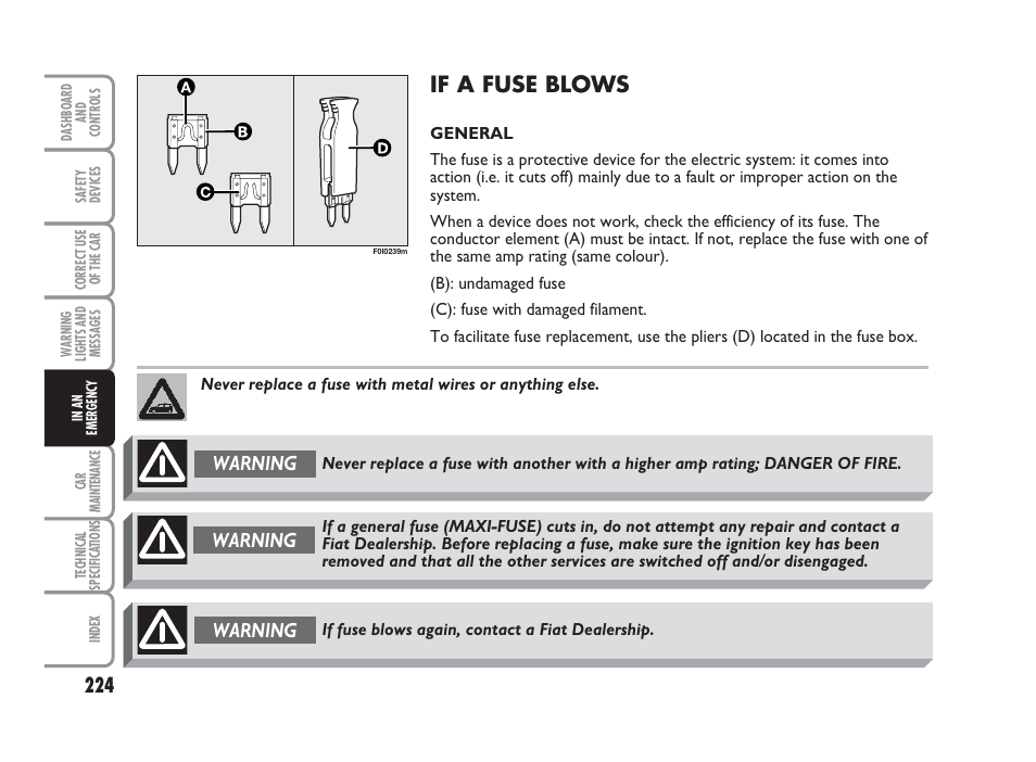 If a fuse blows, Warning | FIAT Punto Classic User Manual | Page 225 / 298