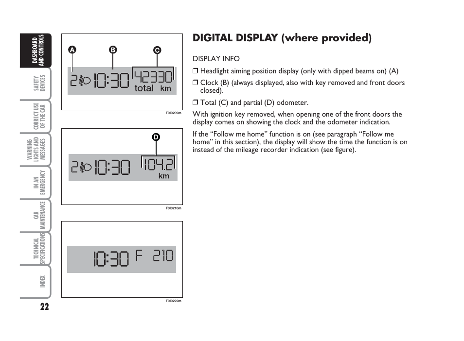 Digital display (where provided) | FIAT Punto Classic User Manual | Page 23 / 298