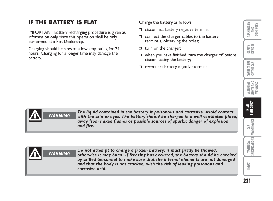 If the battery is flat, Warning | FIAT Punto Classic User Manual | Page 232 / 298