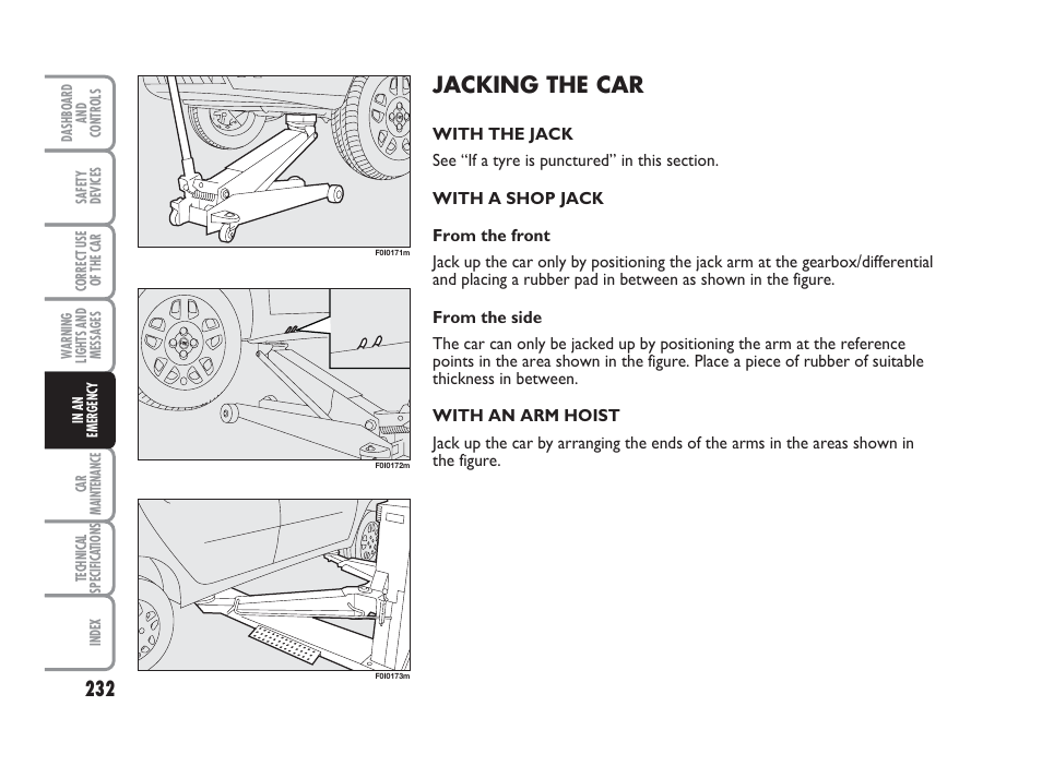 Jacking the car | FIAT Punto Classic User Manual | Page 233 / 298