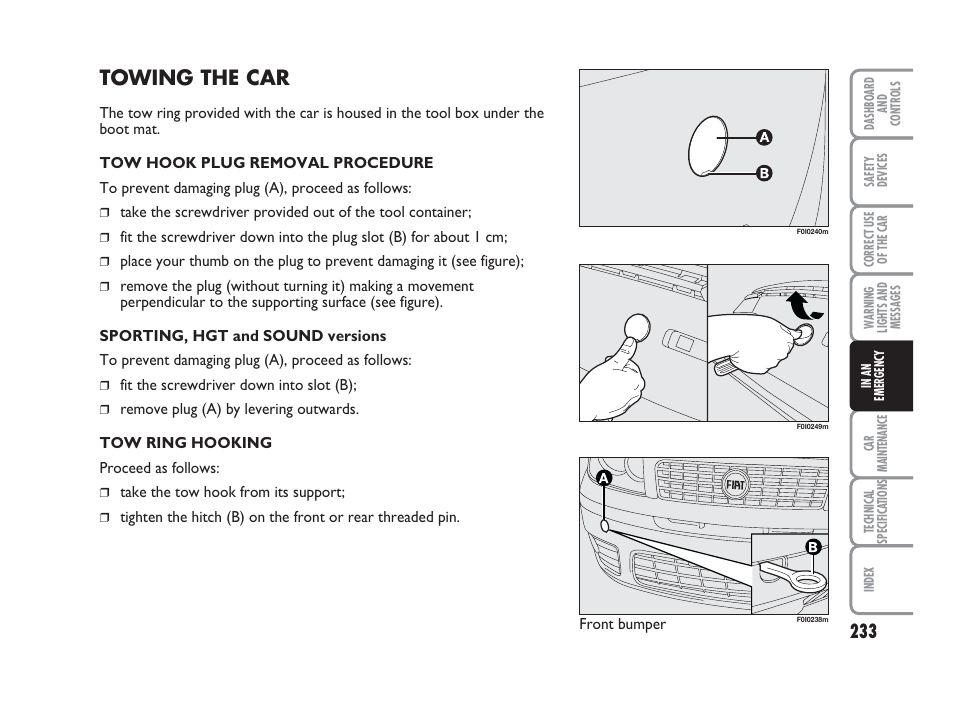 Towing the car | FIAT Punto Classic User Manual | Page 234 / 298