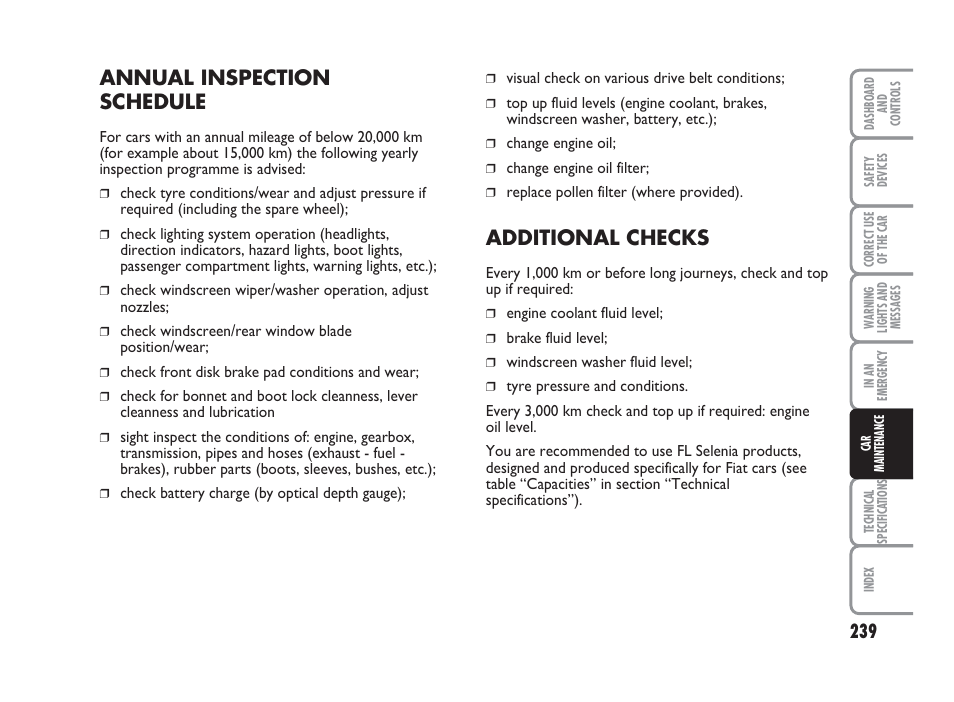 Annual inspection schedule, Additional checks | FIAT Punto Classic User Manual | Page 240 / 298