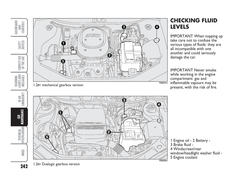 Checking fluid levels | FIAT Punto Classic User Manual | Page 243 / 298