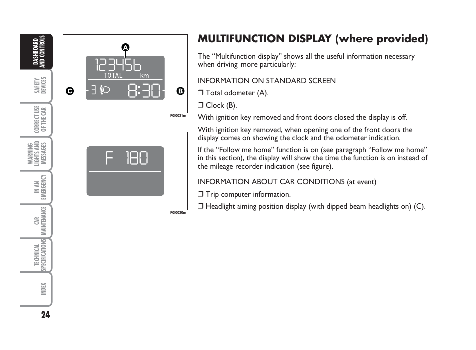 Multifunction display (where provided) | FIAT Punto Classic User Manual | Page 25 / 298