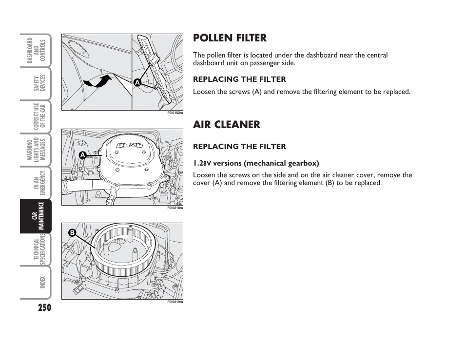 Pollen filter, Air cleaner | FIAT Punto Classic User Manual | Page 251 / 298