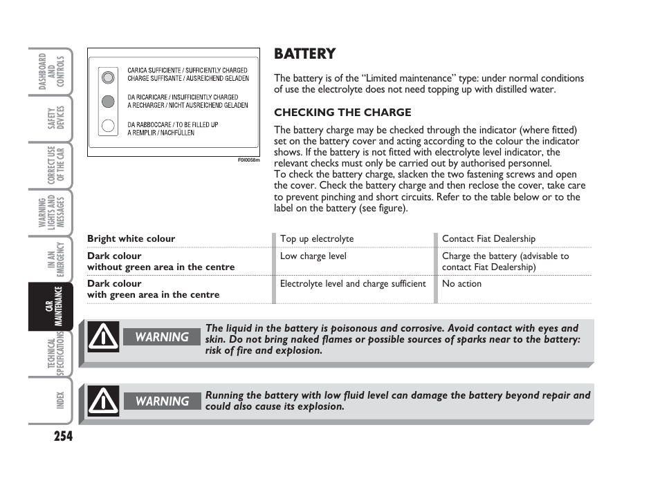 Battery, Warning | FIAT Punto Classic User Manual | Page 255 / 298