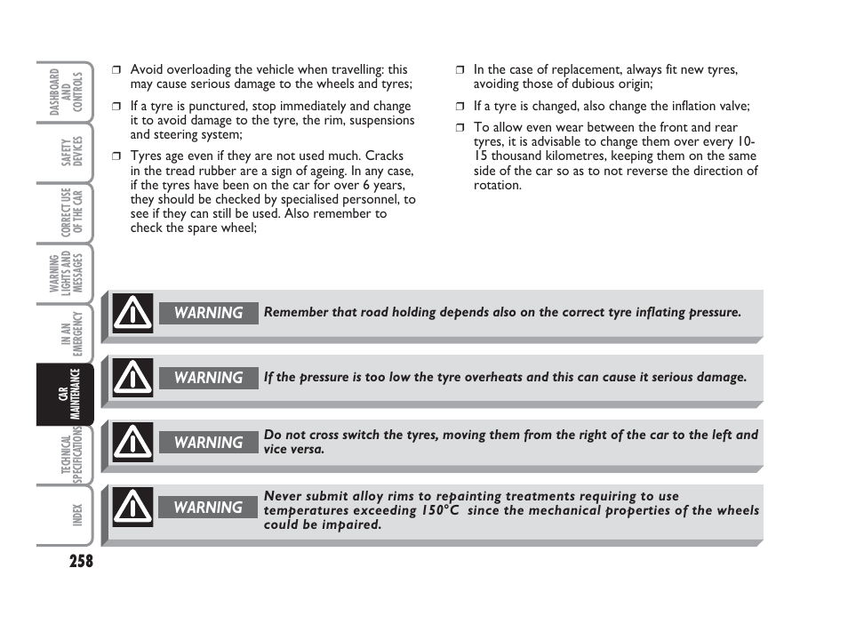 Warning | FIAT Punto Classic User Manual | Page 259 / 298