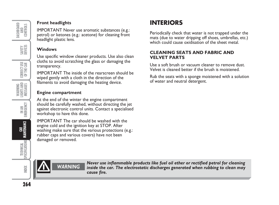 Interiors, Warning | FIAT Punto Classic User Manual | Page 265 / 298