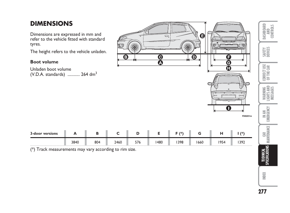 Dimensions | FIAT Punto Classic User Manual | Page 278 / 298