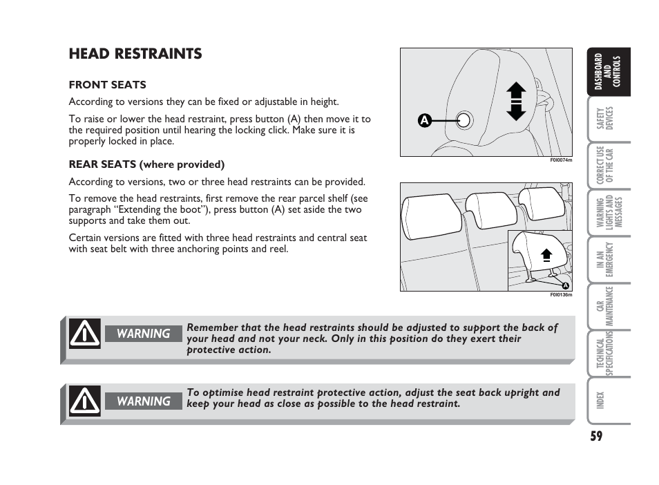 Head restraints, Warning | FIAT Punto Classic User Manual | Page 60 / 298