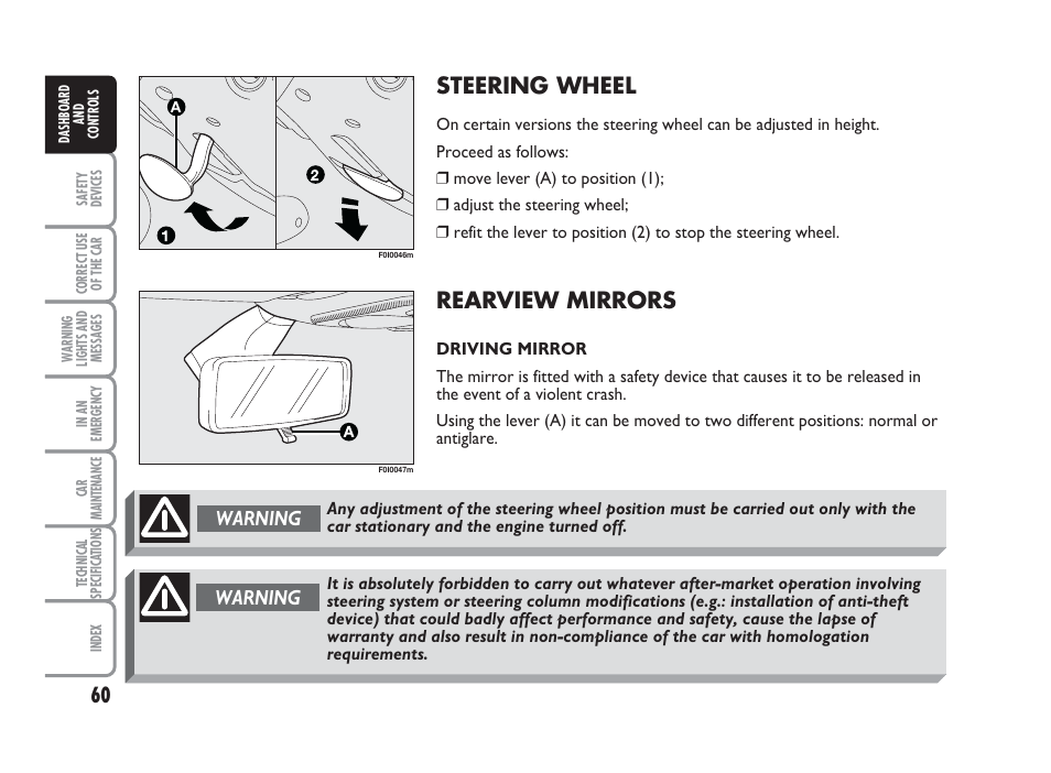 Steering wheel, Rearview mirrors, Warning | FIAT Punto Classic User Manual | Page 61 / 298