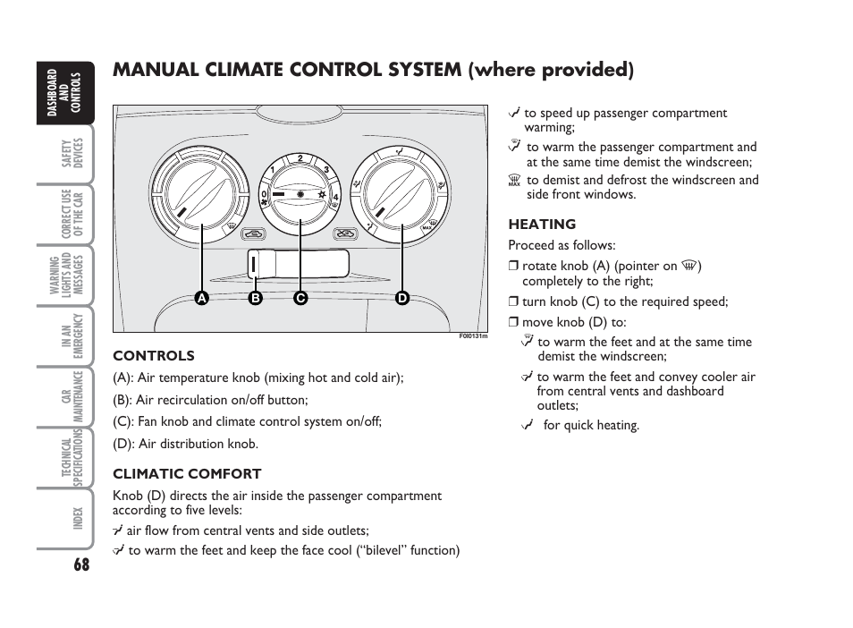 Manual climate control system (where provided) | FIAT Punto Classic User Manual | Page 69 / 298