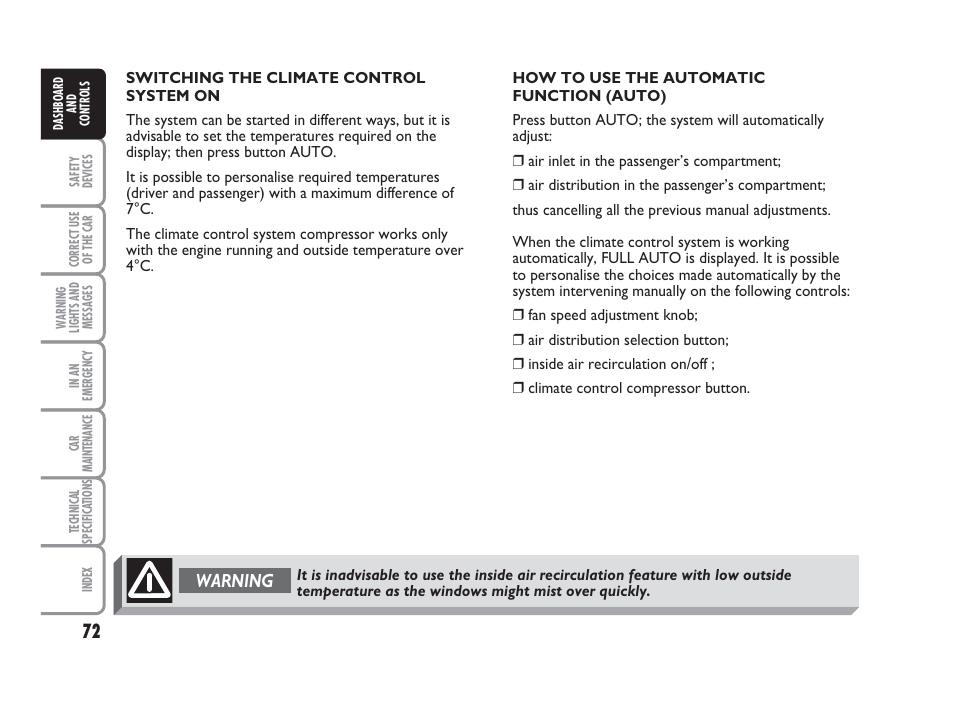 Warning | FIAT Punto Classic User Manual | Page 73 / 298