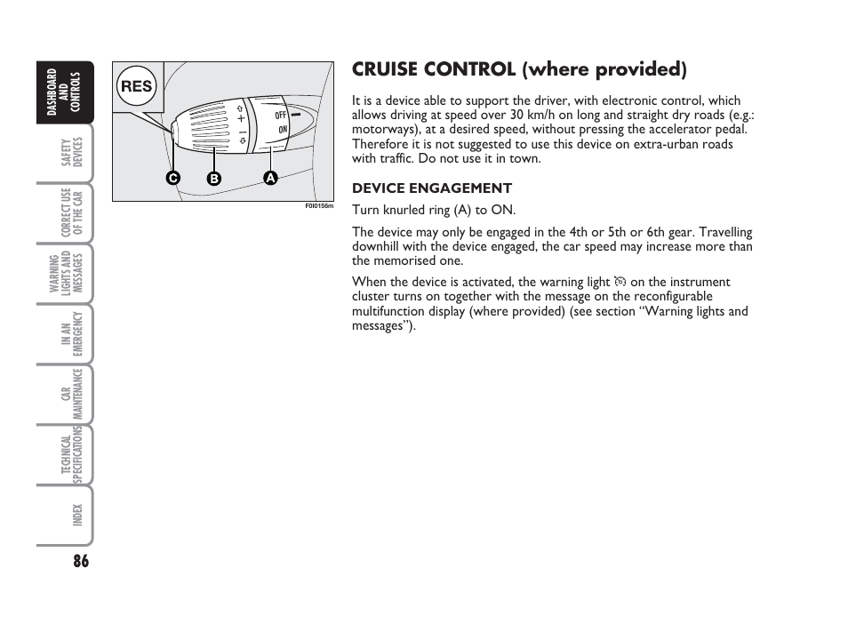 Cruise control (where provided) | FIAT Punto Classic User Manual | Page 87 / 298