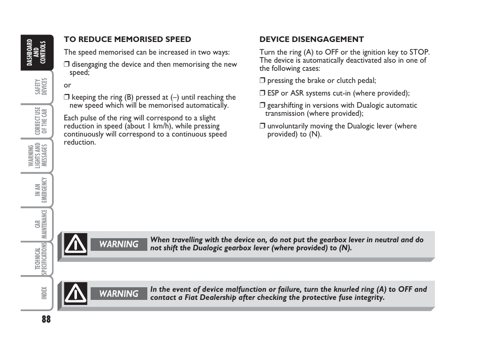 Warning | FIAT Punto Classic User Manual | Page 89 / 298