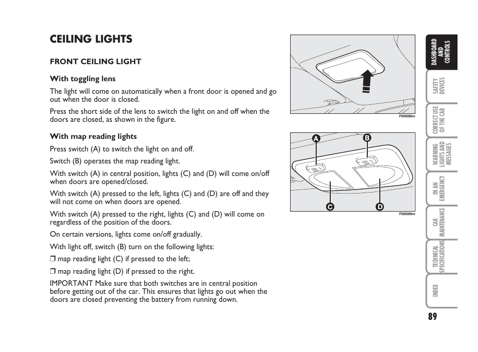 Ceiling lights | FIAT Punto Classic User Manual | Page 90 / 298