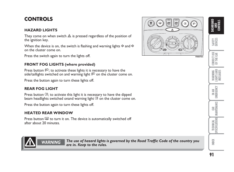 Controls, Warning | FIAT Punto Classic User Manual | Page 92 / 298