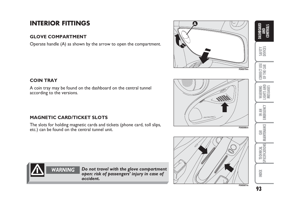 Interior fittings, Warning | FIAT Punto Classic User Manual | Page 94 / 298