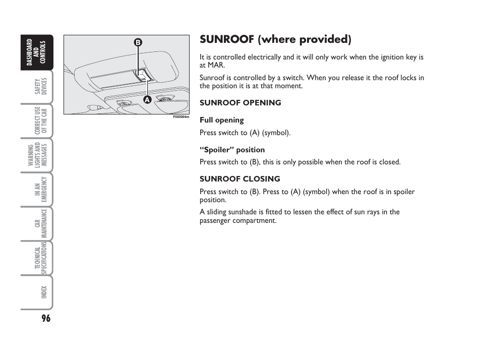 Sunroof (where provided) | FIAT Punto Classic User Manual | Page 97 / 298