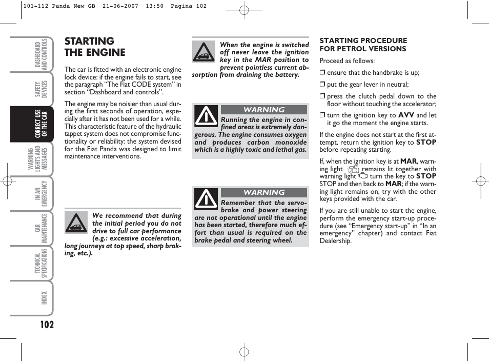 Starting the engine | FIAT Panda Classic User Manual | Page 103 / 206