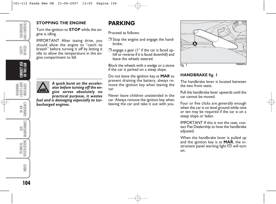 Parking | FIAT Panda Classic User Manual | Page 105 / 206