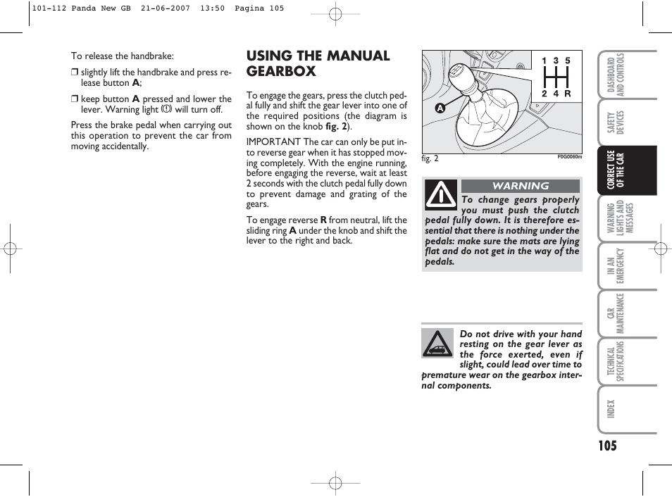 Using the manual gearbox | FIAT Panda Classic User Manual | Page 106 / 206