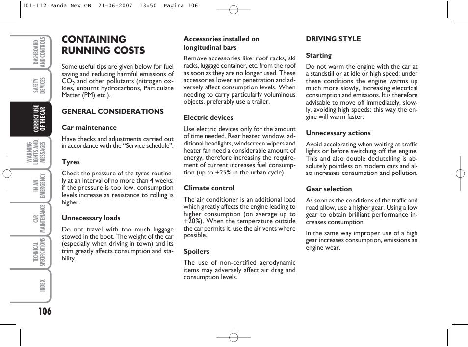 Containing running costs | FIAT Panda Classic User Manual | Page 107 / 206