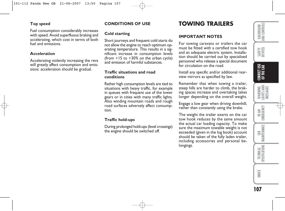 Towing trailers | FIAT Panda Classic User Manual | Page 108 / 206