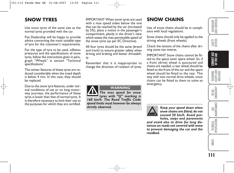 Snow chains, Snow tyres | FIAT Panda Classic User Manual | Page 112 / 206