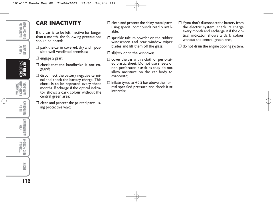 Car inactivity | FIAT Panda Classic User Manual | Page 113 / 206