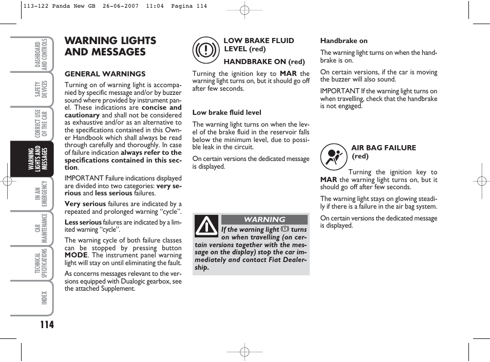 Warning lights and messages | FIAT Panda Classic User Manual | Page 115 / 206