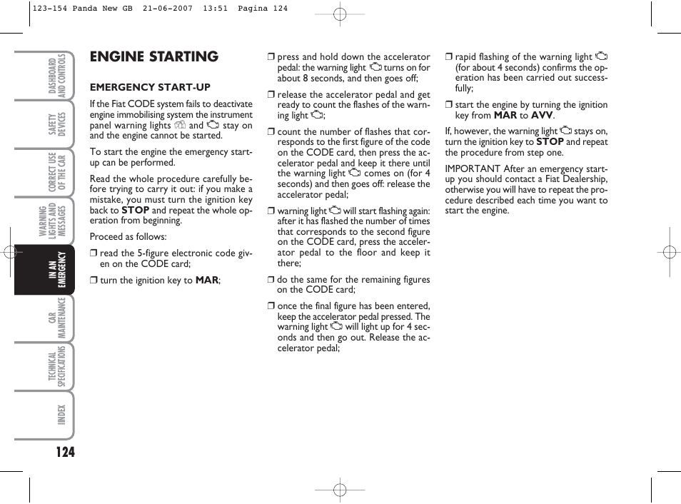 Engine starting | FIAT Panda Classic User Manual | Page 125 / 206