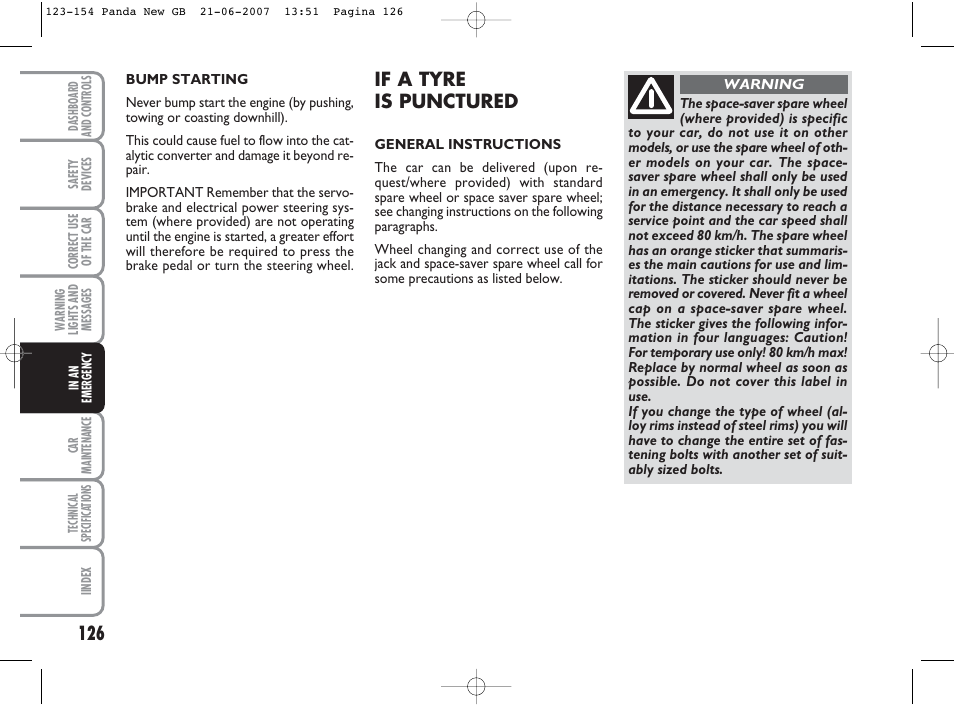 If a tyre is punctured | FIAT Panda Classic User Manual | Page 127 / 206